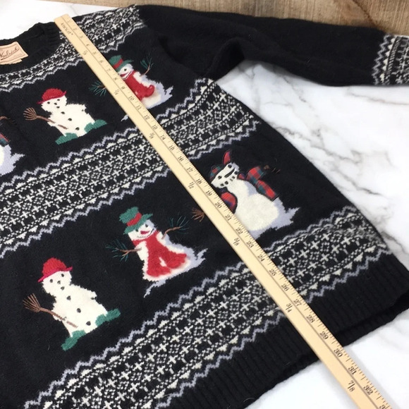 Woolrich Black Knit Snowman Holiday Christmas Womens Large Wool Pullover - Picture 6 of 10